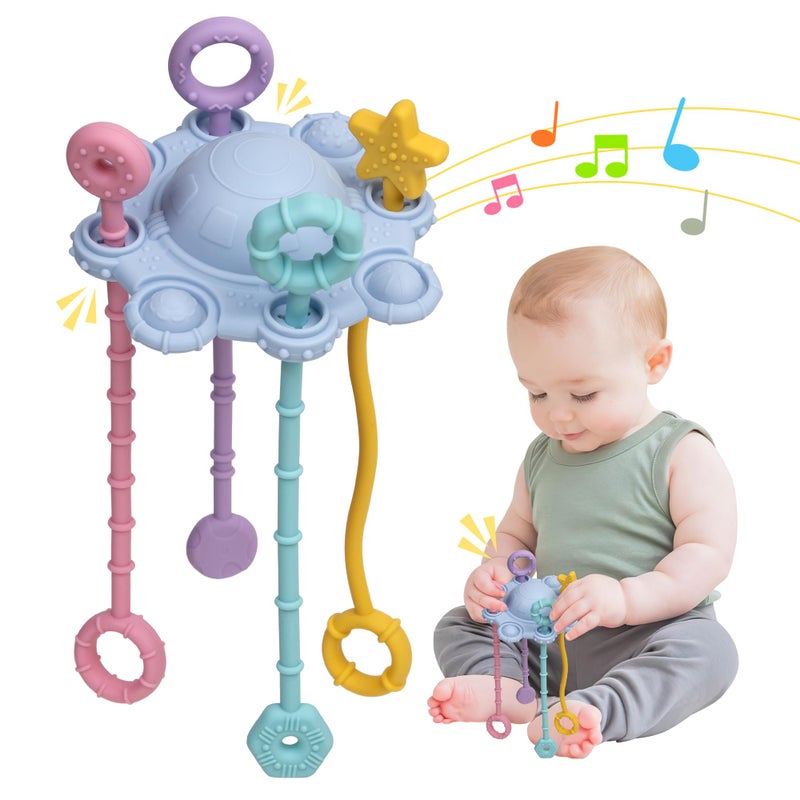 ETETOO Montesorri-Toys - Pull String Toys for Baby - Made of 100% Food Grade Silicone with Built-in Rattle Function and Easy to Clean Design (Blue) - Image 1